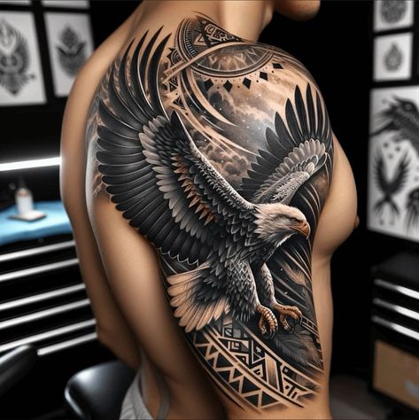 Right Shoulder Tattoo Men, Tattoo Eagle Arm, Eagle Tattoos Men, Half Sleeve Tattoos For Men Upper Arm Design, Eagle Back Tattoo Men, Eagle Sleeve Tattoo Men, Eagle Tattoo Design Men, Eagle Tattoo Ideas For Men, Upper Sleeve Tattoos For Guys