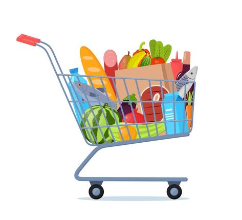 Shopping trolley full of food, fruit, products, grocery goods. Grocery shopping cart. Buying food in supermarket. Vector illustration for banner, Buying Food, Blue Room Decor, Shopping Trolley, Food Fruit, Blue Rooms, Logo Banners, Heart With Arrow, Marketing Design, Custom Illustration