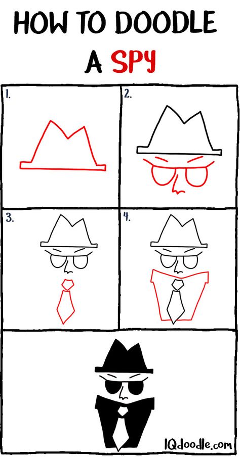 If someone asked you to doodle a SPY, what would you draw? As usual, let’s try and keep this very simple. All we need to do is get the idea of a spy across through our doodle. And when I think of a spy, I visualize a person dressed in black, wearing a hat with sunglasses. Let’s give this a try. First, let’s start with the hat. To draw the spy’s hat, use a combination of v-shapes and straight lines. In the example it kind of looks like a mountain range...  #doodling #drawing #howtodoodle Spy Sketch, Spy Drawing, Spy Glasses, Spy Gear, Spy Party, Doodle Art Drawing, Doodle Sketch, Sketch Notes, House Drawing