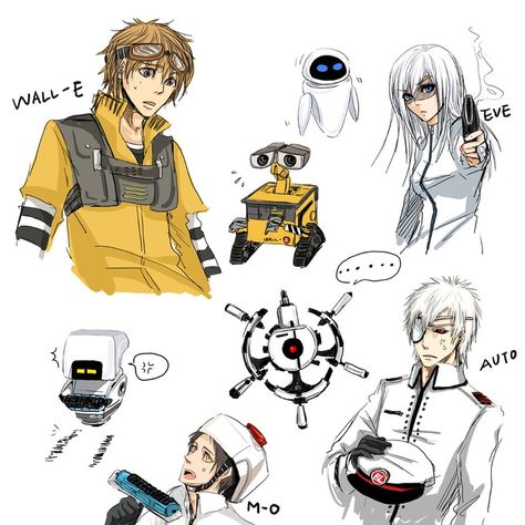 Wall-E Eve and Auto Walle Y Eva, Humanized Disney, Cartoon Characters As Humans, Human Version, Anime Vs Cartoon, Cartoon As Anime, Anime Version, Wall E, Anime Crossover