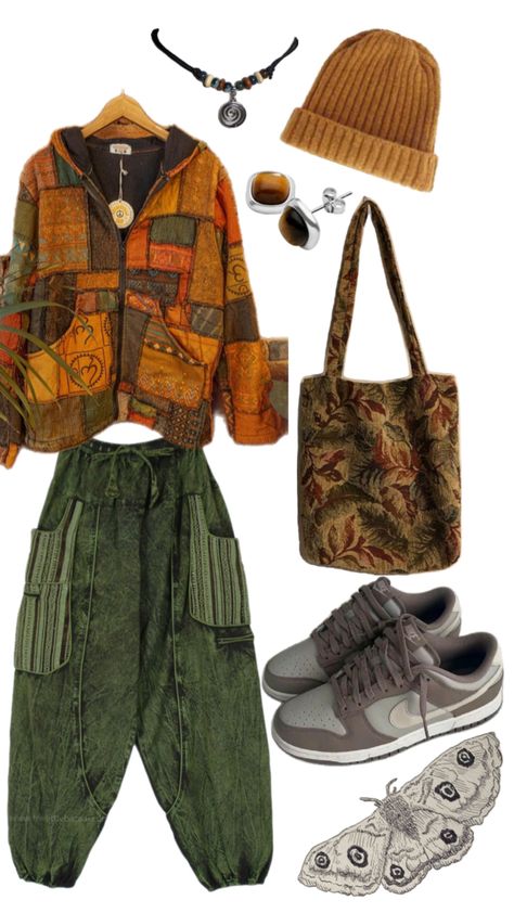 Earthy casual look aesthetic masc green orange shorts hoodie boho outfit beanie necklace Nike shoes moths Earthy Outfits Aesthetic, Masc Outfits, Earthy Style, Boho Outfit, Earthy Outfits, Boho Aesthetic, Orange Shorts, Hippie Outfits, Casual Look