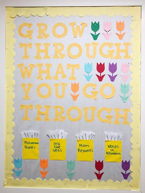 RA bulletin board   Grow through what you go through College Counselor Office Decorating Ideas, Nursing Student Bulletin Board Ideas, Health Education Bulletin Boards, Together We Grow Bulletin Board, Wellness Ra Bulletin Boards, Elementary Health Bulletin Boards, Grow Through What You Go Through Bulletin Board, Spring Mental Health Bulletin Board, Dei Bulletin Boards