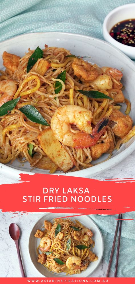 Dry Laksa Stir Fried Noodles is delicious like soup laksa, with noodles, prawns, tofu puffs in laksa paste and coconut milk. Try this now! Recipe by Asian Inspirations. #drylaksanoodles #drylaksastirfriednoodles #stirfryrecipes #noodles #noodlerecipes #laksa #laksarecipes #drylaksa #drylaksarecipes #stirfrynoodles #stirfrynoodlerecipes #malaysiandryalaksa #malaysianfood #malaysianfoodrecipes #singaporeanfood #singaporeanfoodrecipes #asianfoodrecipe Laksa Paste Recipe, Singaporean Recipes, Laksa Noodles, Tofu Puffs, Noodles Dishes, Tasty Noodles Recipe, Laksa Recipe, Noodles Asian, Stir Fried Noodles