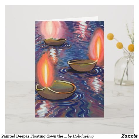 Painted Deepas Floating down the River Card Floating Lights Painting, Floating Elements Cards, Tangled Floating Lights Painting, Floating Lanterns Painting, Hindu Holidays, Floating Island Painting, Diwali Painting, Floating Down The River, Diwali Drawing