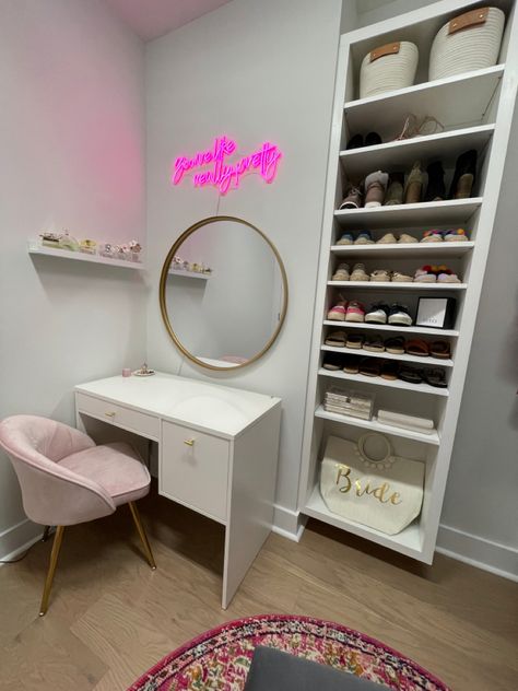 Vanity Neon Sign, Closet Neon Sign, Vanity Inside Closet, Vanity In Closet, Mirror Wall Decor Bedroom, Vanity Room Decor, Glam Bathroom, Townhouse Ideas, Pink Neon Sign