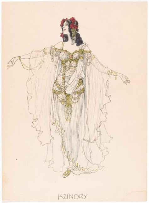 Parsifal : Costume: II? Kundry as Flower Maid - NYPL Digital Collections Costume Illustration Character Design, Rusalka Costume, Flower Inspired Outfits, Character Costume Design, Stage Costume Design, Ancient Greek Clothing, Dr Manhattan, Costume Design Sketch, Best Costume Design