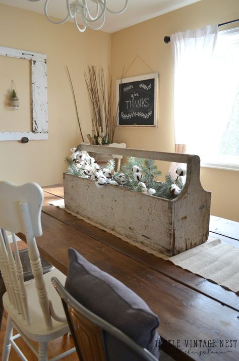 Wooden Toolbox Decor, Toolbox Decor, Simple Winter Decor, Urban Farmhouse Decor, Wooden Box Centerpiece, Farmhouse Style Dining Room, Tool Caddy, Beautiful Wooden Boxes, Tool Boxes