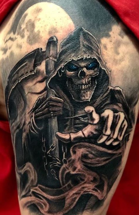 110 Unique Grim Reaper Tattoos You’ll Need to See - Tattoo Me Now Dark Reaper Tattoo, Reaper Motorcycle Tattoo, Piece Of Me Tattoo, Grim Reaper Tattoos For Men, Grim Reaper Arm Tattoo, Grime Reaper Tattoo, Grin Reaper Tattoo, Grim Reaper Tattoo Sleeve, Reaper Sleeve Tattoo