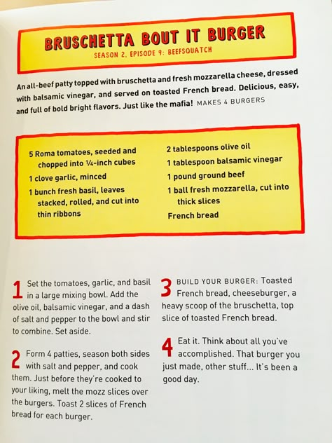 Bobs Burgers Bruschetta Bout It Burger Bobs Burgers Cookbook, Bob's Burgers Recipes, Bobs Burger Recipes, Bobs Burgers Burger Recipes, Bobs Burgers Recipes, Movie Recipes, Bob Burgers, Burgers Recipes, Pizza Sandwich Recipe