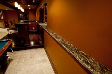 Granite beer ledge.  Nice. Drink Ledge, Transitional Basement Ideas, Basement Pub, Drink Rail, Traditional Basement, Pub Ideas, Wine Cellar Basement, Pool Table Room, Man Cave Design