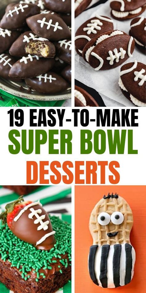 19 Super Bowl Themed Desserts (Easy Recipes) and four photos of super bowl party dessert recipes: football brownies with strawberries, cookie dough balls, football whoopie pies Desserts For Super Bowl, Super Bowl Themed Food, Super Bowl Desserts Easy, Super Bowl Dessert Ideas, Party Finger Food Recipes, Football Themed Desserts, Football Themed Snacks, Super Bowl Dessert, Football Shaped Foods