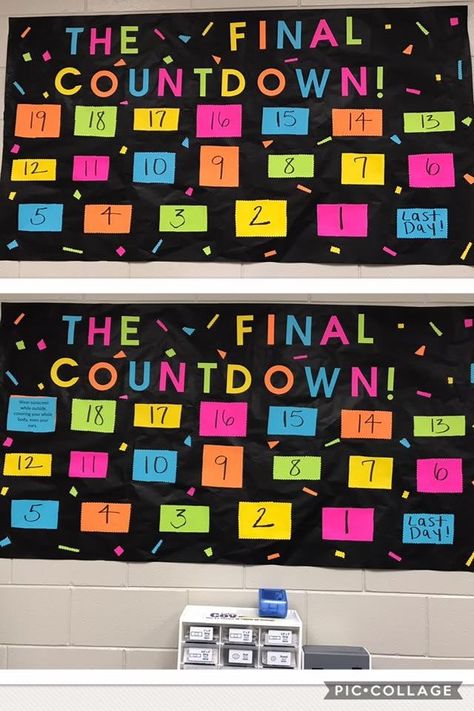 Last Day Of School Countdown, Countdown Bulletin Board Ideas, Theme Days For School, End Of Year Bulletin Boards Elementary, End Of School Countdown Ideas, Countdown Bulletin Board, End Of Year Countdown Ideas, Countdown To End Of School Year, End Of School Year Countdown