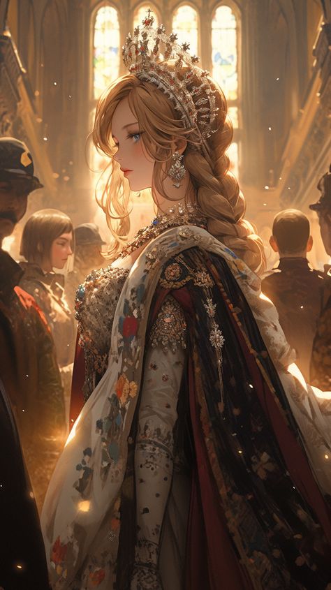 Medieval Queen Character Design, Queen Wallpaper Crown Princesses, Coronation Art, Anime Royalty, Queen Wallpaper Crown, Not Invited, Fantasy Queen, Crown Aesthetic, Wearing A Crown