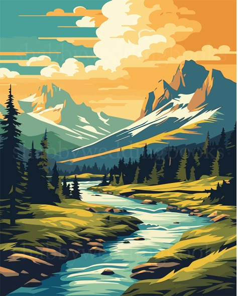 "Mountain Scene Art-Digital download-unframed-16x20-Wall Art Poster-Rocky Mountain Park Vector Art- Mountain River Print-Nature Landscape. Jpg and Illustrator Vector file included Instant download digital file, High quality JPG. Your download will NOT have a watermark.  Dimensions:  20\" x16\", 300 dpi. Print as many as you need. Will scale down to smaller sizes.  PLEASE NOTE:  * FRAME IS NOT INCLUDED.! You are purchasing a digital file only, YOU WILL NOT RECEIVE A PRINT OF ANY KIND. Just a digi Vector Art Landscape, Mountains Illustration, Landscape Vector Illustration, Vector Landscape, Frame Image, Nature Poster, Mountain Illustration, Illustrator Vector, River Landscape