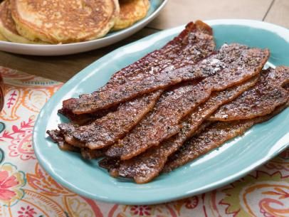 Glazed Black Pepper Bacon Recipe | Trisha Yearwood | Food Network Tricia Yearwood Recipes, Black Pepper Bacon, Peppered Bacon, Bacon Chocolate Chip Cookies, Pepper Bacon, Trisha Yearwood Recipes, Chocolate Bacon, Wine And Food Festival, Bacon Recipe