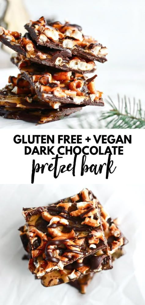 Dairy Free Pretzel Dessert, Gluten Dairy Free Holiday Recipes, Gluten Free Vegan Holiday Desserts, Gluten Free Pretzel Dessert, Healthy Bark Recipes Clean Eating, Vegan Christmas Bark, Healthy Pretzel Snacks, Allergy Free Christmas Treats, Vegan Bark Recipes