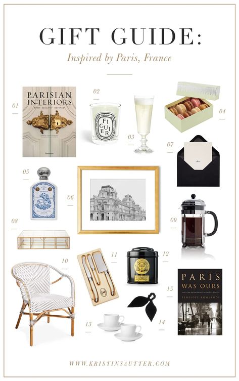 Paris Inspired Gift Guide | Gifts for Francophiles | Gifts for French Girls | Christmas Gift Guide | Holiday Gift Guide | Francophile Gift Guide Classic Gift Ideas, Gift Guide Template, Gifts For Interior Designers, Gifts From Paris, Luxury Gifts Aesthetic, Niche Gifts, Francophile Style, Francophile Gifts, French Products