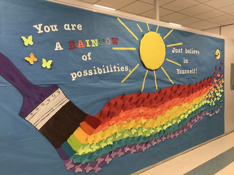 5th grade hallway! Rainbow of possibilities! Rainbow Hallway Decoration School, We Are A Rainbow Of Possibilities, Rainbow Display Classroom, Rainbow Of Possibilities Bulletin Board, School Welcome Bulletin Boards, Rainbow Display, Rainbow Of Possibilities, Display Boards For School, Rainbow Bulletin Boards