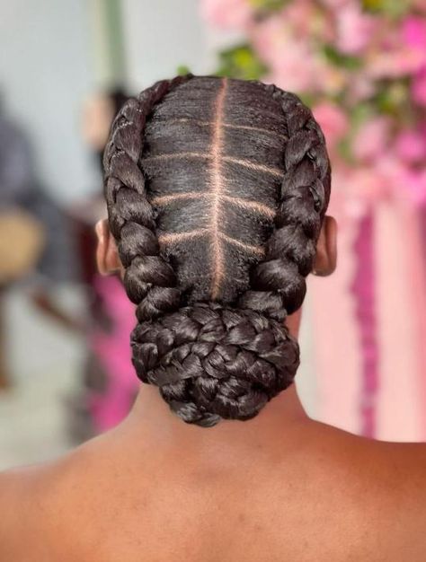 Romantic Stitch Braids Updo Natural Hair Pieces For Black Women, Braided Fancy Hairstyles, 2 Feed In Braids Cornrows, Natural Hair Plaits Hairstyles, Cornrow Bun, Braided Bun Styles, Cornrows Updo, Hair Braid Patterns, Two Braid Hairstyles