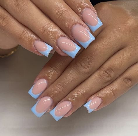 Sky Blue French Tip Nails, Sky Blue Nail Ideas, Sky Blue French Tip, Baby Blue Coffin Nails, Blue Coffin Nail Designs, Coffin Nails Blue, Blue French Tip Nails, Blue French Tip, Blue Nail Ideas