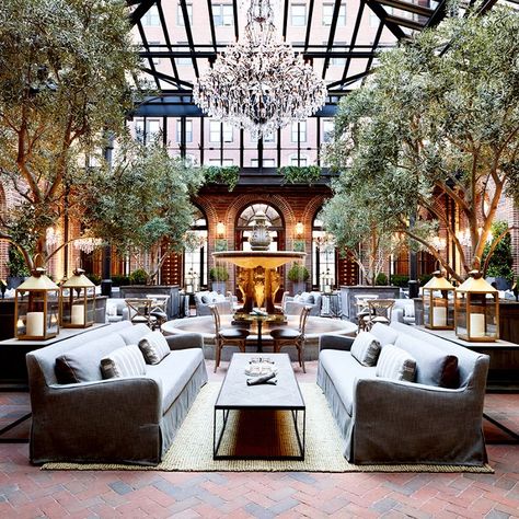 Found: The Best Coffee Shops in Chicago, Period via @MyDomaine Arts Club, Restoration Hardware, Lobby, Chandeliers, Chicago, Ceiling, Cafe, Living Room