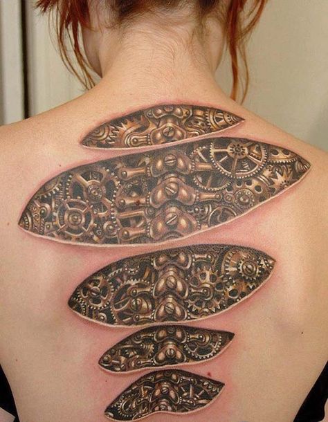 Biomech Tattoo, Tato 3d, Pita Merah, Tatoo 3d, Gear Tattoo, Amazing 3d Tattoos, Steampunk Tattoo, Unique Tattoos For Women, Tato Minimal