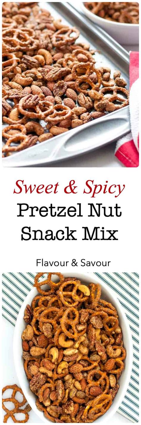 This Sweet and Spicy Pretzel Nut Snack Mix is a popular cocktail mix to make and have on hand for holiday snacking! Mix raw nuts, brown sugar, cinnamon, cayenne, maple syrup and flaky sea salt along with the pretzels. Addictive! #holiday #snackmix #nutmix #pretzels #partyappetizer #partysnacks Seafood Starter, Spicy Pretzels, Spicy Nuts, Pretzel Snacks, Blooming Onion, Flower Pedals, Popular Cocktails, Outback Steakhouse, Nut Snacks