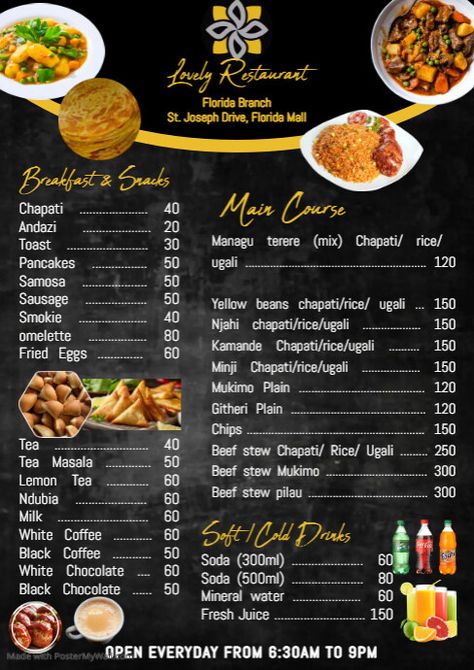 editable menu restaurant hotels and food flyer poster ad Florida Mall, Drinking Black Coffee, Food Flyer, Restaurant Flyer, Poster Ads, Flyer Poster, Lemon Tea, Chapati, Samosa