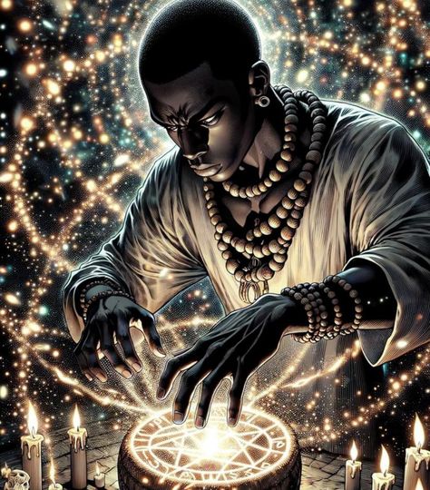 African Magic Aesthetic, Dnd Aasimar, Ancient Future, Chris Brown Outfits, Black Power Art, Afrofuturism Art, African Mythology, Male Witch, Black God