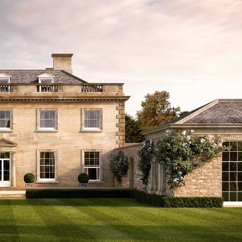 Turning the corner.... CGI of the new house we've designed in Wiltshire. East garden front and pavilion. Sandstone House, Georgian Style Homes, Classical House, English Manor Houses, Mark D Sikes, Georgian Architecture, Large House, English Manor, Georgian Homes