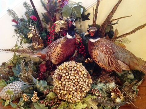 Pheasant Taxidermy Decor, Christmas Tree With Pheasant Feathers, Pheasant Decor Ideas, Pheasant Christmas Tree, Christmas Taxidermy, Pheasant Centerpiece, Pheasant Christmas, Pheasant Decor, Artificial Flower Arrangements Centerpieces