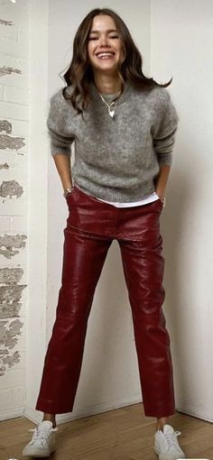 Oxblood Pants Outfit, Casual Red Pants Outfit, Leather Red Pants Outfit, Dark Red Leather Pants, Burgundy Faux Leather Pants Outfit, Burgundy Slacks Outfit Women, Burgundy Leather Pants Outfit, Burgundy Trousers Outfit, Red Leather Pants Outfit