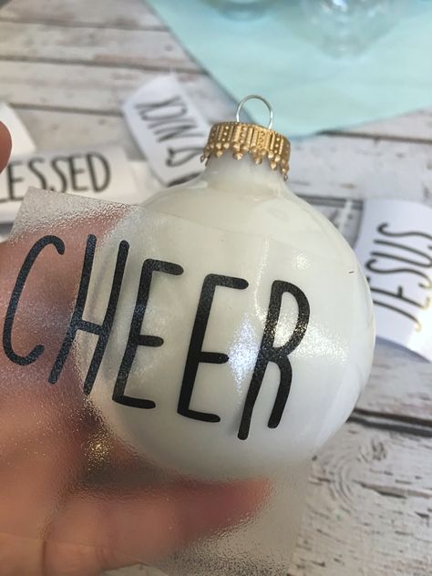 DIY Rae Dunn Inspired Ornaments to add to your Christmas Tree Rae Dunn Christmas, House Design Trends, Easy Christmas Ornaments, Clear Ornaments, Cheerleading Gifts, Dollar Tree Christmas, Holiday Ribbon, Christmas Fonts, White Ornaments