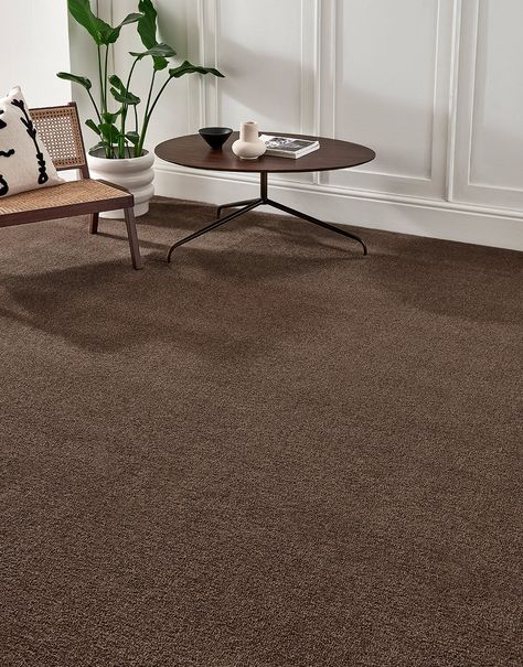 Luxuriously soft and decadently plush underfoot, our Prestige carpet range offers effortless style with enhanced comfort underfoot. Expertly crafted with 100% Polyester, the saxony pile is durable and resistant to staining. The bleach cleanable feature will allow you to have peace of mind all year round. Complete with a hardwearing dual woven backing that is ideal for those high-traffic areas around the home. The Prestige range offers a stunning selection of contemporary colours that will style Light Brown Carpet Living Room, Brown Carpet Living Room Decor, Living Room With Brown Carpet, Dark Brown Carpet Living Room, Carpet To Hardwood Transition, Dark Carpet Bedroom, Dark Carpet Living Room, Carpet Ideas Living Room, Prestige Carpet