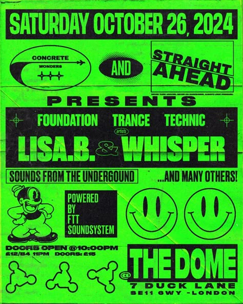 Throwback to the raw, vibrant energy of the '90s rave scene.  Bold typography, neon green hues, and iconic smiley faces for the underground spirit—rebellious, loud, and unapologetically touch, cause why not?  #raveposter #90saesthetic #undergroundvibes #graphicdesigner #graphicdesigncentral #raveflyerart #flyerdesign #90sstyle Culture Graphic Design, Old School Poster, Punk Graphic Design, Music Portfolio, Design Poster Inspiration, 90s Graphics, Rave Poster, Rave Art, Photoshop Graphic Design