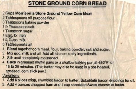 Vintage Recipes Stone Ground Cornbread Recipe, Chive Bread Recipe, Refrigerator Rolls Recipe, Cornbread Corn, Nut Loaf, Yummy Biscuits, Cake Rack, Handwritten Recipes, Stone Ground