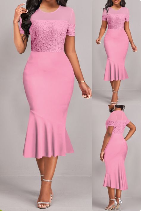 This round neck lace pink short sleeve bodycon dress is a stylish and elegant addition to your wardrobe. The dress features a round neckline, a lace design, a patchwork design, and a bodycon fit. It is made of a soft and stretchy fabric that is perfect for summer. #lacedress #pinkdress #bodcondress #shortsleeveddress #roundneckdress #patchworkdress #mermaiddress #casualdress #workdress #elegantdress #everydaydress #weartoworkdress #eveningdress #fashion #ootd #style Elegant Bodycon Dress, Party Dress Classy, Women Fashion Dress, Wear To Work Dress, Fashion Dresses Online, Dress Classy, Short Sleeve Bodycon Dress, Round Neck Dresses, Sleeve Bodycon Dress