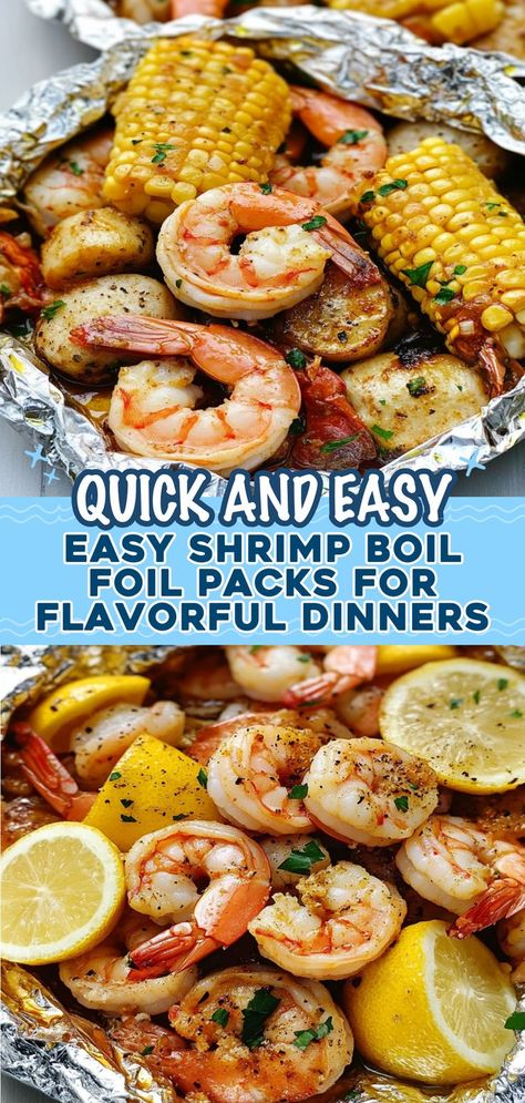 Enjoy a hassle-free, delicious meal with these easy shrimp boil foil packs. Featuring tender shrimp, baby potatoes, and sweet corn, this recipe is perfect for busy weeknights or summer cookouts. Just assemble, seal, and cook for a delightful dinner that everyone will love! Shrimp Broil Oven Foil, Shrimp Boil Air Fryer, Easy Shrimp Boil, Shrimp Boil Foil Packs, Shrimp Boil Foil, Shrimp Boil Recipe, Foil Pack Meals, Foil Packs, Dinner Ideas Recipes