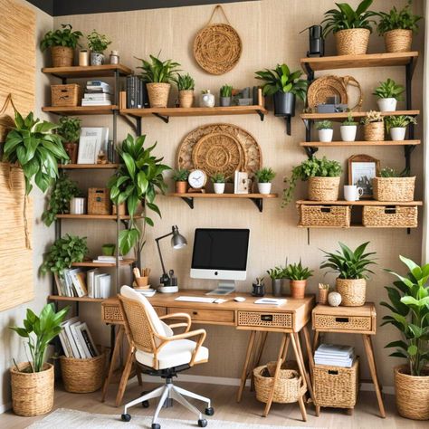 Home office design Boho Office Room, Rattan Office, Bohemian Desk, Home Office Inspo, Office Design Inspo, Rustic Home Office, Bohemian Office, Apartment Decorating Hacks, Office Space Inspiration