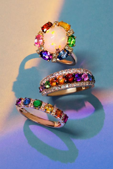 Rainbow Engagement Rings, Rainbow Rings Engagement, Faberge Jewelry, Jewelry Product Shots, Fancy Jewelry Necklace, Accesories Jewelry, Rainbow Rings, Rainbow Gemstones, Rainbow Bright