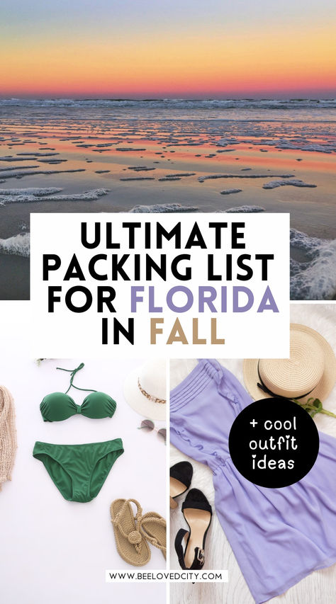 Wondering what to wear in Florida in November? From warm days to cooler evenings, pack light layers and versatile outfits perfect for fall in the Sunshine State! Whether you're hitting the beach or exploring city sights, we’ve got your travel packing list covered. Don’t forget comfy shoes, swimwear, and sun protection for that classic Florida vibe. #FloridaPackingList #TravelToFlorida #FloridaInFall Fall Outfits At The Beach, Fall Beach Packing List, Fall Break Beach Outfits, Weekend In Florida Outfits, Things To Pack For Florida, Florida Weekend Packing List, Fall Vacation Outfits Packing Lists, October Florida Outfits, Packing For Florida In November