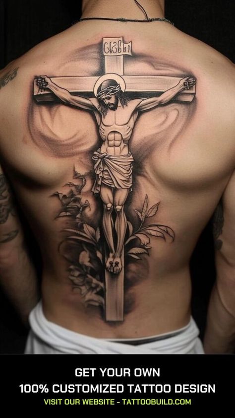 Big Christian Tattoos, Jesus Is King Tattoo, Jesus Tattoo Ideas, Christian Tattoos Men, Jesus On Cross Tattoo, Religous Tattoo, Christian Tattoo Ideas, Cross Tattoo Meaning, Jesus Christ Tattoo