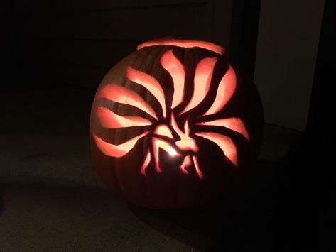 kyuubi i made last night Genshin Impact Pumpkin Carving, Pumpkin Carving Ideas Naruto, Naruto Pumpkin, Pumpkin Carving Anime Ideas, Naruto Pumpkin Carving, D&d Pumpkin Carving, Halloween Pumpkin Stencils, Pumkin Carving, Halloween Pumpkin Carving Stencils