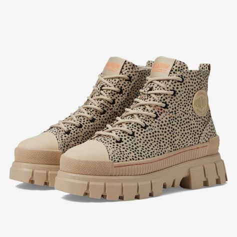 New In Box Palladium ‘Revolt Safari’ Boots Color: Sand Print (Cheetah) Size: Women’s Us 7.5 Retails At $120 Designed In France Details Step Out In Unbeatable Style With Palladium's Women's Revolt Safari High Top Sneakers. These Classic High-Top Shoes Have A Chunky Tread Sole With An Embossed Logo On The Sole, A Lace-Up Front Closure, And Polyester Lining. 100% Vegan High-Top Shoes Moleskine Upper Polyester Lining Rubber And Die-Cut Eva Bottom Woven Tongue Label Embossed Logo On The Sole Heel Loo Safari Boots, Backless Sneakers, Tie Up Boots, Palladium Shoes, Palladium Boots, Black Leather Combat Boots, Jungle Boots, Star Boots, Womens Combat Boots