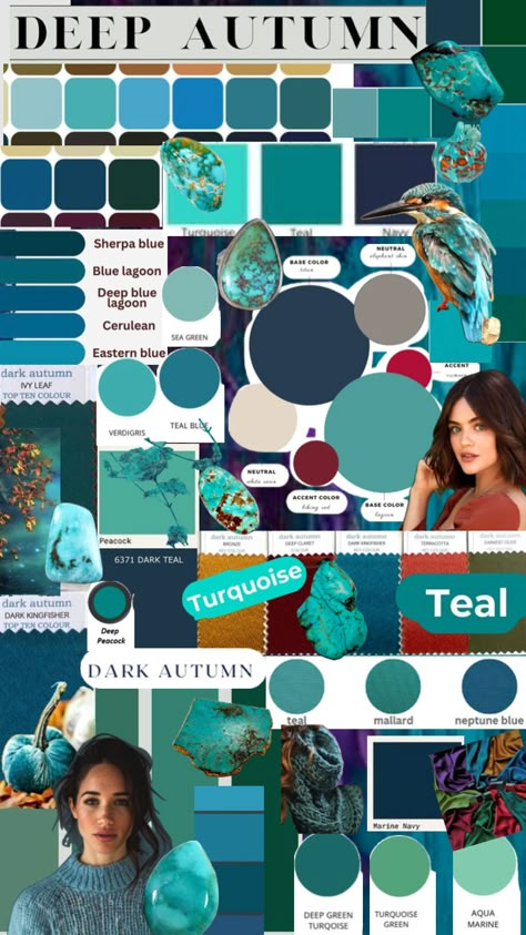 #deepautumn #darkautumn #teals #turquoise #aquas #bluegreen House Of Color Blue Autumn, Deep Autumn Fashion, Blue Autumn Color Palette, Dark Teal Outfit, Dark Teal Color Palette, Autumn Pallet, Turquoise Outfit, Teal Outfit, Deep Autumn Palette