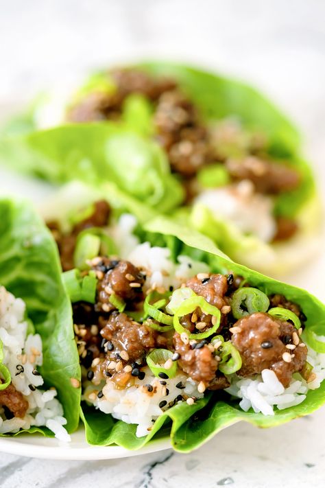 Bulgogi Ground Beef Lettuce Wraps - Real Food by Dad Bulgogi Ground Beef, Yak Recipe, Bulgogi Lettuce Wraps, Ground Beef Lettuce Wraps, Easy Bulgogi, Lettuce Boats, Easy Lettuce Wraps, Bulgogi Recipe, Beef Lettuce Wraps