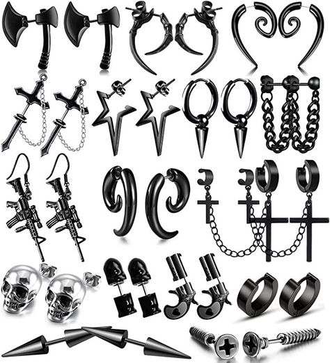 16 pairs different styles of earrings. in summary. Earrings with front and rear puncture structure. It can perfectly decorate your ears. Suitable size. MATERIAL: made of stainless steel and high-quality alloy. Hypoallergenic. Light weight and comfortable to wear. Neither vacation nor work will bring you any burden. Chain Piercing, Black Dangle Earrings, Bullet Earrings, Grunge Accessories, Goth Accessories, Edgy Jewelry, Unisex Earrings, Punk Earrings, Black Earrings Dangle