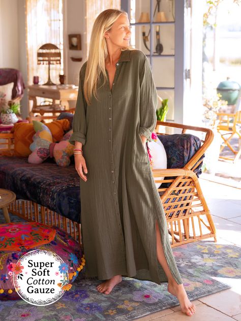 The Drew Gauze Shirtdress is SO comfy and easy to wear! It’s such a classic piece and can be easily styled with cool jewelry or a fedora! It’s made from 100% cotton gauze and features side slits, pockets and buttons all the way down… it’s literally like a basic button-down shirt, but as a dress! Modest Cottagecore, Shirt Maxi Dress, Cottagecore Christmas, Cottagecore Gifts, Gauze Shirt, Loose Maxi Dress, Christmas Pjs, Fun Pants, Maxi Shirt Dress