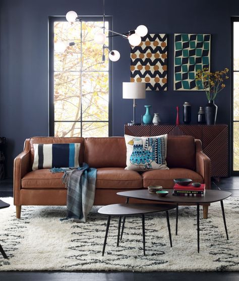 How to Get a Job at West Elm - Career Advice Leather Couch Grey Walls, Caramel Leather Couch Living Room, Caramel Leather Couch, Leather Couch Living Room Ideas, Orange Leather Sofa, Ipad Stand Design, Cognac Leather Couch, Leather Couch Living Room, Hamilton Sofa