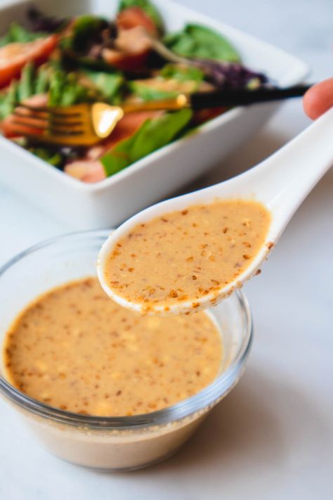 Goma Dressing Recipe | Creamy Sesame Dressing - Mikha Eats Goma Sauce Recipe, Mango Sago Recipe, Toasted Sesame Dressing, Sesame Dressing Recipe, Sago Recipes, Sesame Dressing, Cheese Salad, Toasted Sesame Seeds, Salad Bar